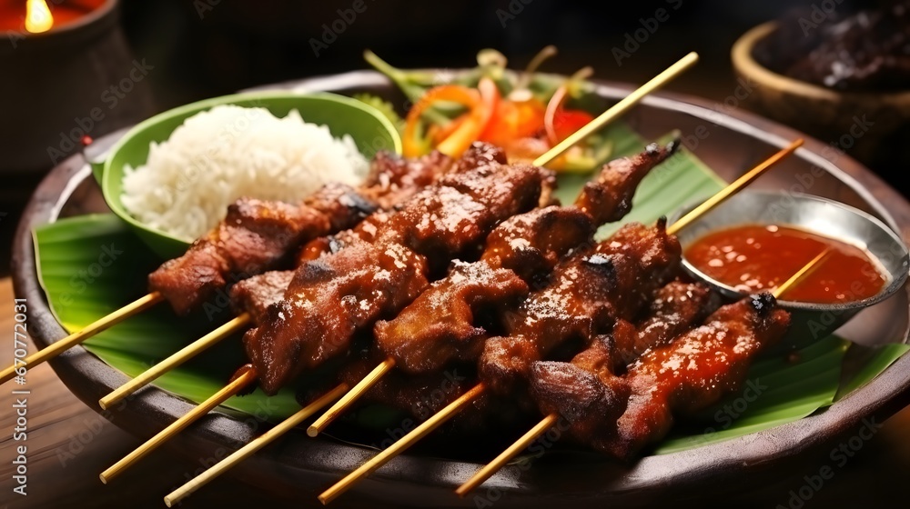 Sate Kere. Popular street food in Solo Surakarta, Central Java. Topped with peanut sauce and accompanied with rice cake, shallots and chili pepper.