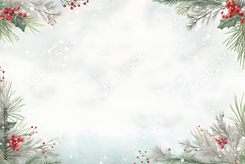 Christmas holiday background with copy space for text. Flat lay, top view. Decorative frame of fir branches and holly berries. Paper notice sheet generativ ai © Jan