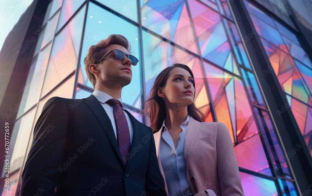 A couple with strong facial expression in business attire in front of office building