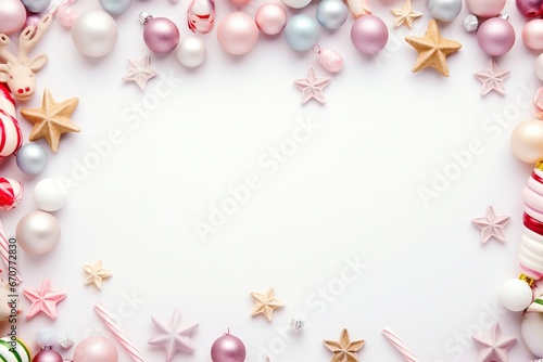 a colorful christmas border with gifts, christmas leaf, candy, snow flake, deer, little lamps decoration, soft pastel background for flat lay, generative ai