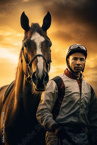 Jockey and his horse sunset in the background © David