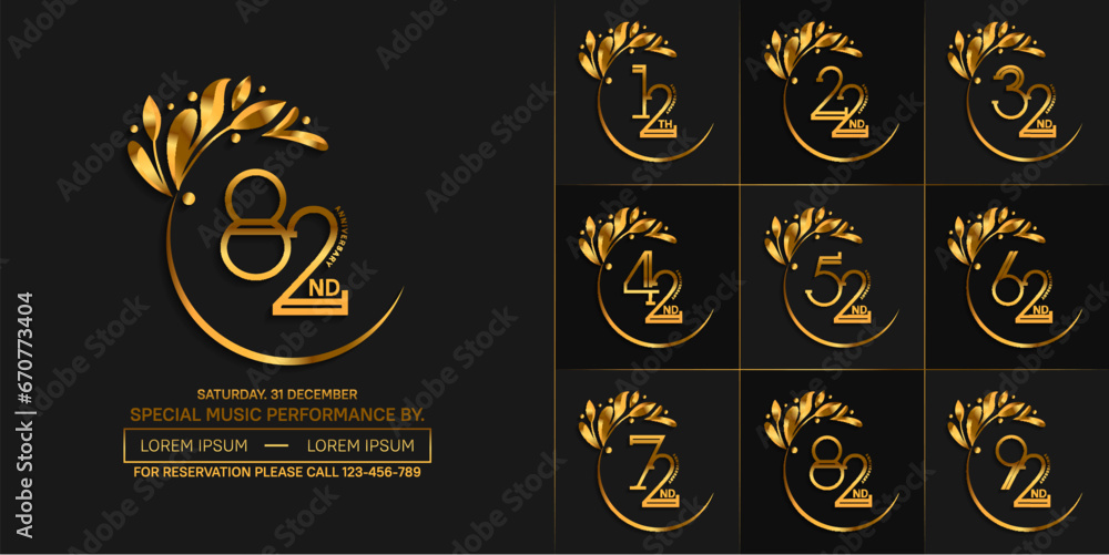 set of anniversary logotype golden color with swoosh and ornament for special celebration event