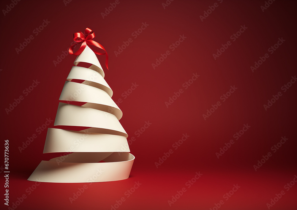 A white paper Christmas tree on a red background, space for copy or text A white paper Christmas tree on a red background, space for copy or text