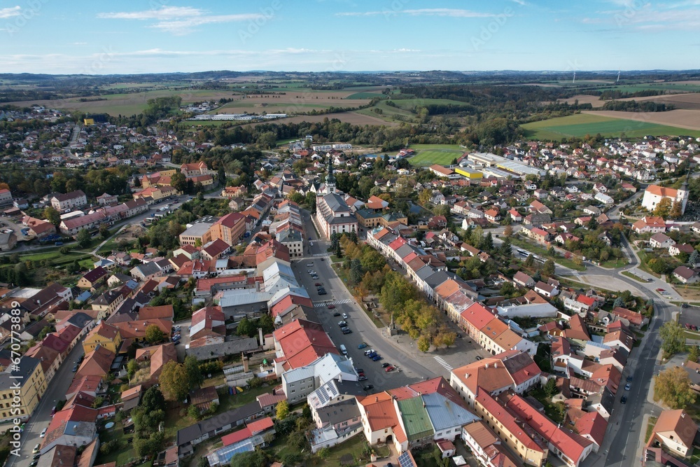 Polna historical city center of Bohemian town with square,column and cathedral and Polna castle,aerial panorama landscape view,Czech republic,Europe