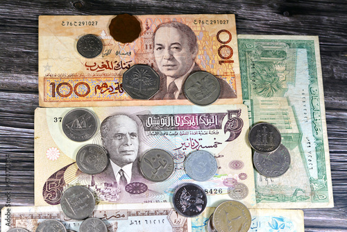 Collection of Old Arabian money banknotes and coins from different countries, Tunisia, Algeria, Morocco, Lebanon, and other Arab countries, vintage retro old historic cash money of Middle East