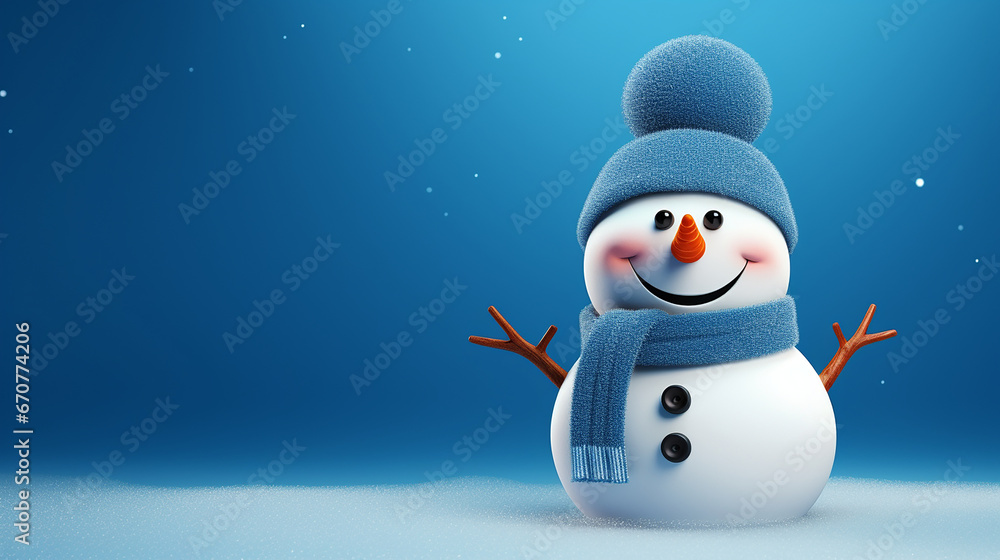 Fototapeta premium Cute 3D snowman on a blue background, Christmas
