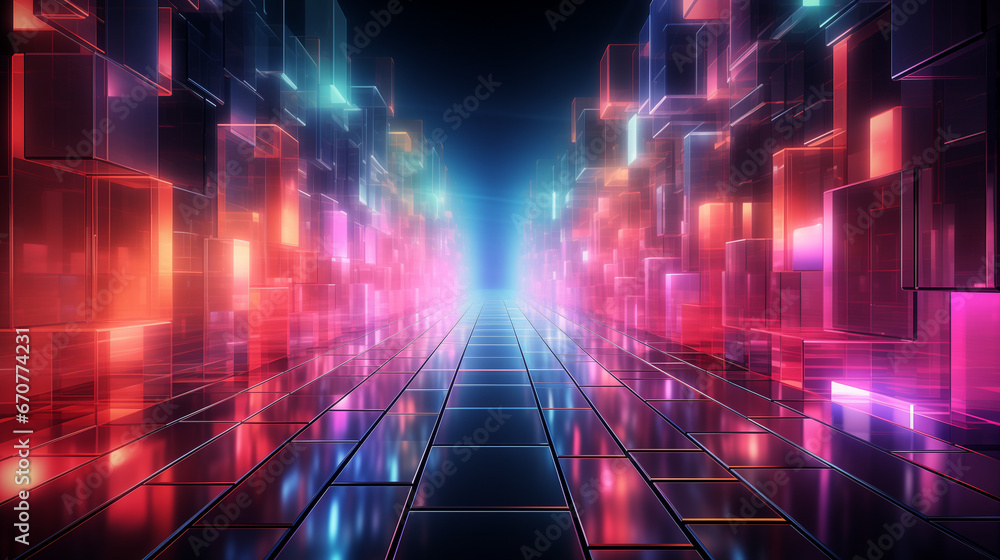 A technology background with 3d neon cubes. Generative AI. 