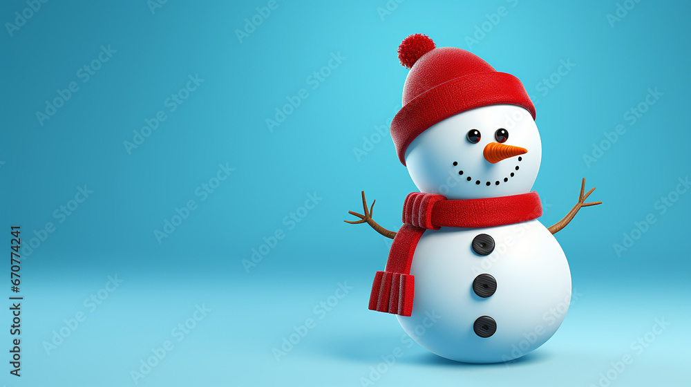 Cute 3D snowman on a blue background, Christmas