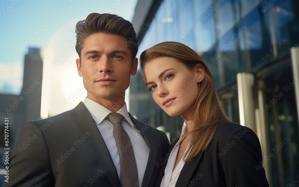 A couple with strong facial expression in business attire in front of office building A couple with strong facial expression in business attire in front of office building