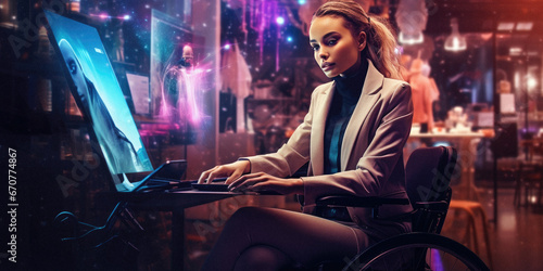 Disabled lady in wheelchair working in high-tech office photo