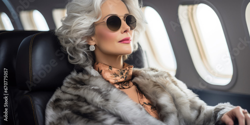 Glamorous, grey haired, lady on private jet enjoying hospitality © David