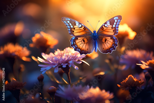 Beautiful flowers bloom with a butterfly in the spring field, soft focus © Kenishirotie