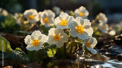 Beautiful primroses in a garden in the sunshine. Generative AI. 