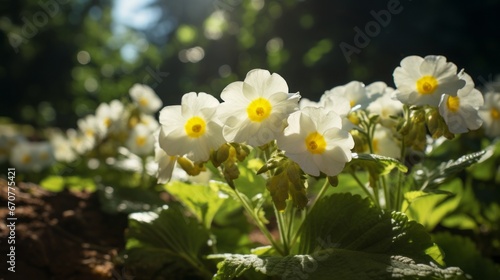 Beautiful primroses in a garden in the sunshine. Generative AI. 