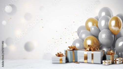 New year, Anniversary and Birthday party decoration, Party background, Gold and silver color balloons, confetti and gift boxes, Luxury Birthday card or backdrop, generative Ai