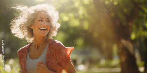 Older lady with grey hair running in park illuminated by low-level song