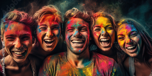 Group of young adults  having a laugh covered in poster paints