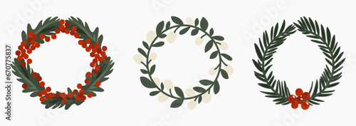 Set of minimalistic Christmas wreath illustrations in green, red and beige colors