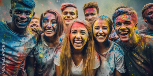 Group of young adults, having a laugh covered in poster paints