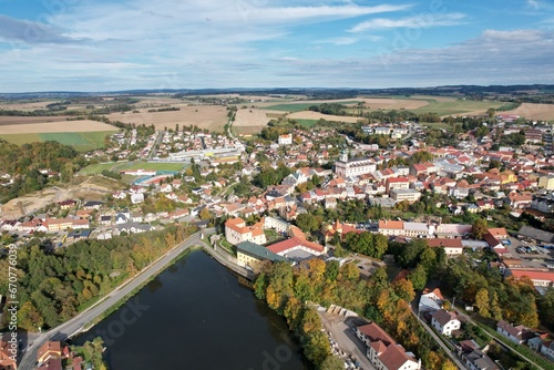 Polna historical city center of Bohemian town with square column and cathedral and Polna castle aerial panorama landscape view Czech republic Europe