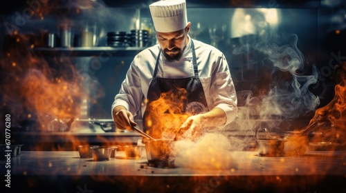 Double exposure photography of close up chef and the kitchen, sunset colors, on dark background, stock photo, cook, chef, person, food, restaurant, kitchen, professional © pinkrabbit