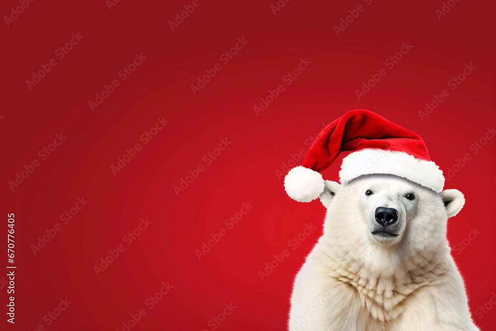 Cute white polar bear wearing a santa hat, on a red background, space for text 