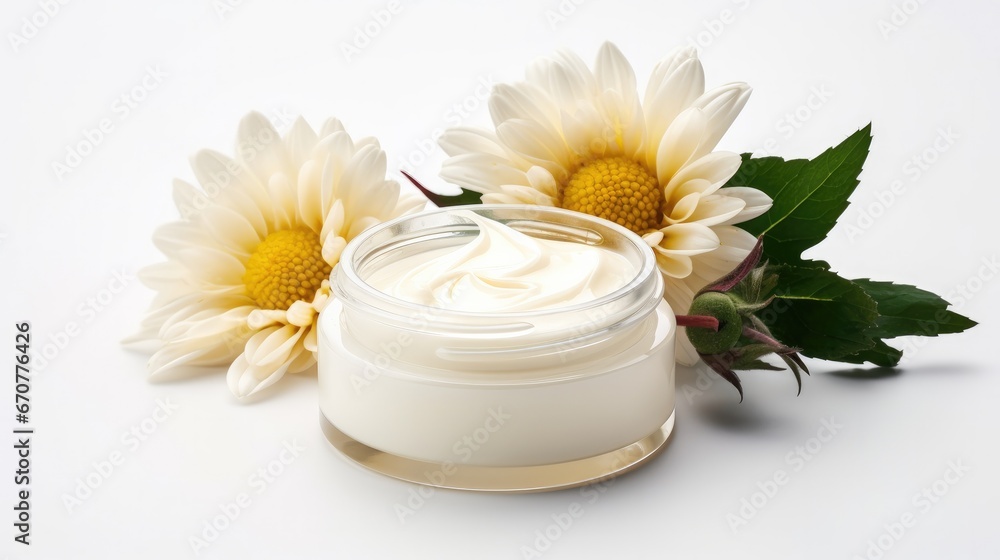 whitening and moisturizing Face cream in an open glass jar and flowers on white background. Set for spa, skin care and body products and solutions for skin problems such as scars, acne, wrinkles. whitening and moisturizing Face cream in an open glass jar and flowers on white background. Set for spa, skin care and body products and solutions for skin problems such as scars, acne, wrinkles.