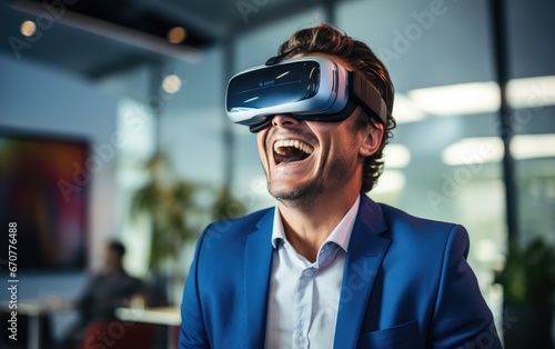 Businessman using a virtual reality glasses to attend a virtual meeting