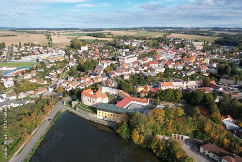 Polna historical city center of Bohemian town with square,column and cathedral and Polna castle,aerial panorama landscape view,Czech republic,Europe
