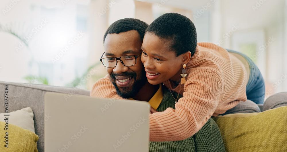 Home laptop, hug and black couple reading online shop deal, social network post or omnichannel website. Network connection, PC and African wife, husband or people search internet, web or media page - obrazy, fototapety, plakaty 