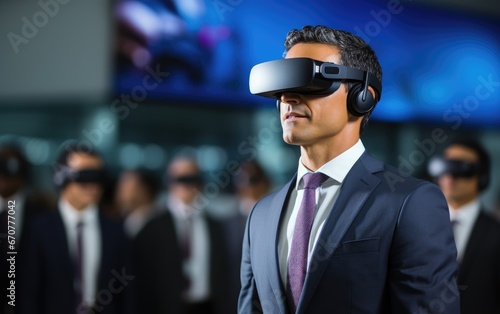 Businessman using a virtual reality glasses to attend a virtual meeting