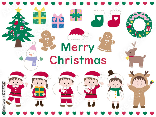 かわいい飾りと子供達のクリスマスイラストセット。ベクター、男の子、女の子、雪だるま、トナカイ © chie