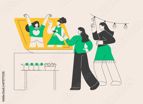 Online friends party abstract concept vector illustration.