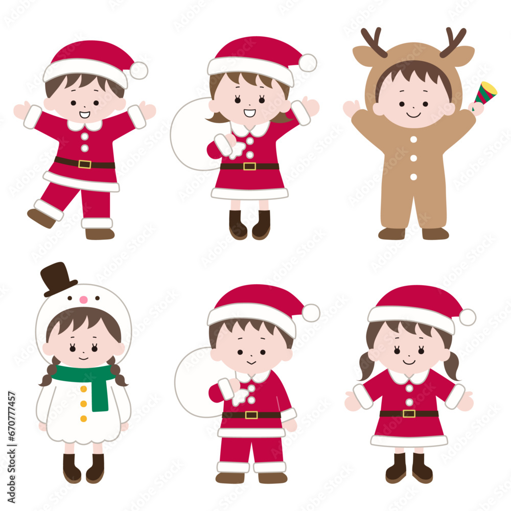 クリスマスの衣装を着た子供のイラスト。クリスマス、ベクター、サンタクロース、男の子、女の子