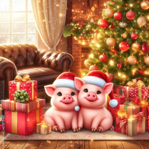 little pigs wearing santa hats with christmas presents