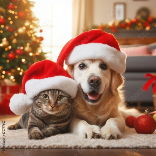 dog and a cat sitting together with santa hats at christmas generative ai © clearviewstock