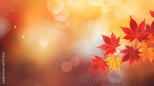 web banner design for autumn season and end year activity with red and yellow maple leaves with soft focus light and bokeh background