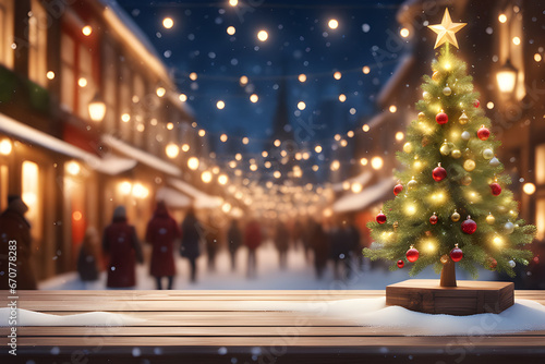 illuminated Christmas tree in decorated town square. Empty wooden table top with blurred bokeh Christmas Square and snowfall with bokeh light background. Christmas Holidays.