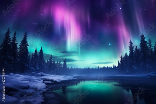 Aurora borealis on the Norway. Green northern lights above mountains. Night sky with polar lights. Night winter landscape with aurora and reflection on the water surface. Natural back © Ikhou