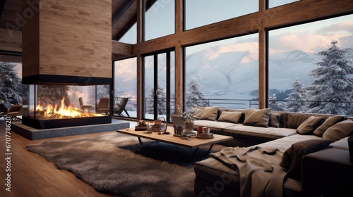 cozy warm home interior of a chic country chalet with a huge panoramic window © Terablete