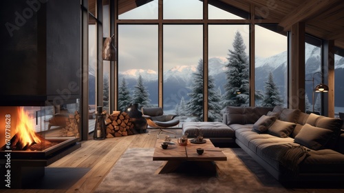 cozy warm home interior of a chic country chalet with a huge panoramic window