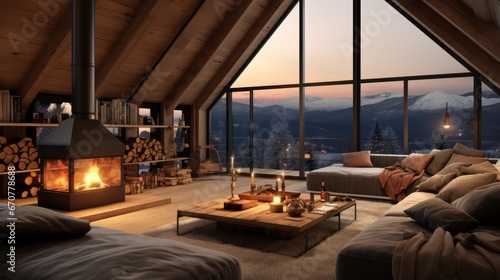 cozy warm home interior of a chic country chalet with a huge panoramic window © Terablete