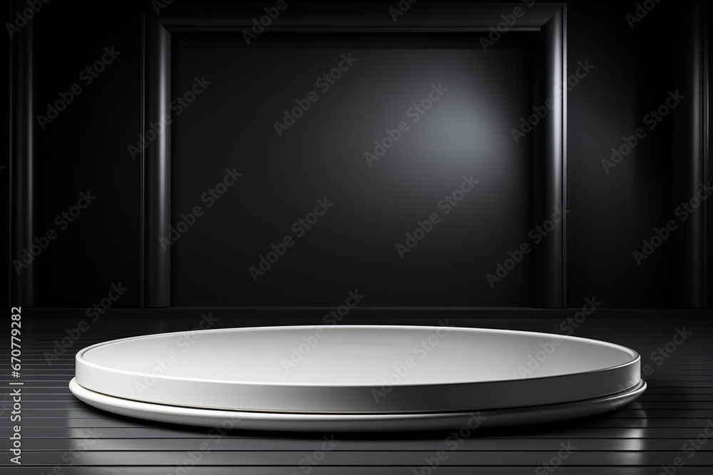 Ai Generative photo white light round podium and black background for mock up realistic image Ai Generative photo white light round podium and black background for mock up realistic image
