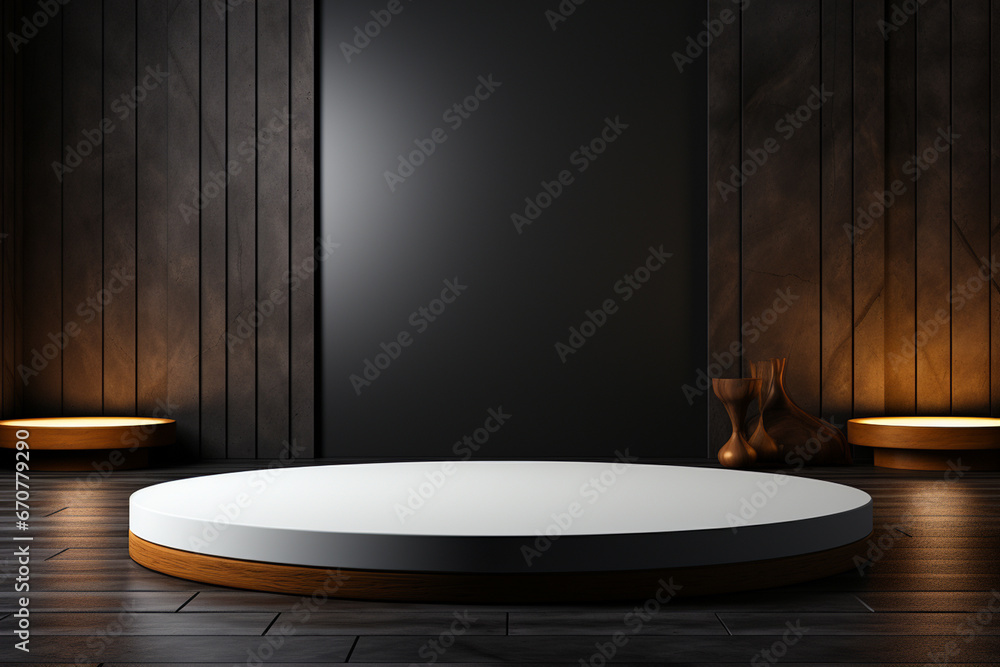 Ai Generative photo white light round podium and black background for mock up realistic image Ai Generative photo white light round podium and black background for mock up realistic image