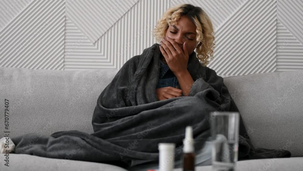 Sick woman having heavy cough down cold . Winter disease. Flu season Sick woman having heavy cough down cold . Winter disease. Flu season