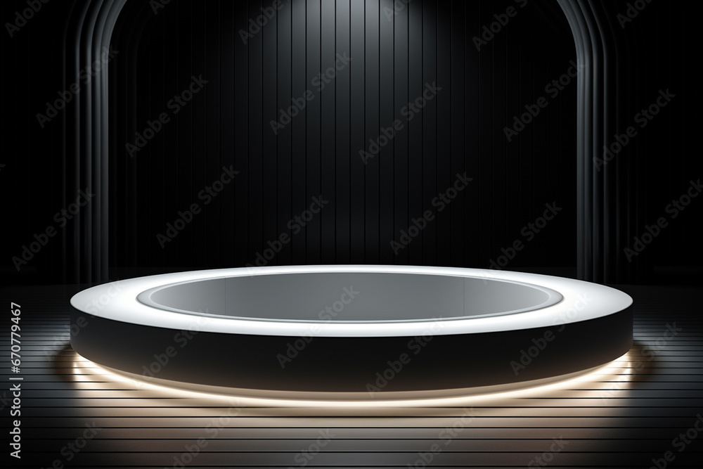 Ai Generative photo white light round podium and black background for mock up realistic image