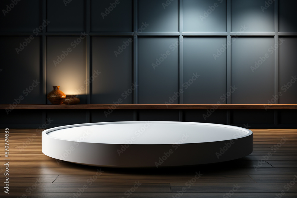 Ai Generative photo white light round podium and black background for mock up realistic image Ai Generative photo white light round podium and black background for mock up realistic image