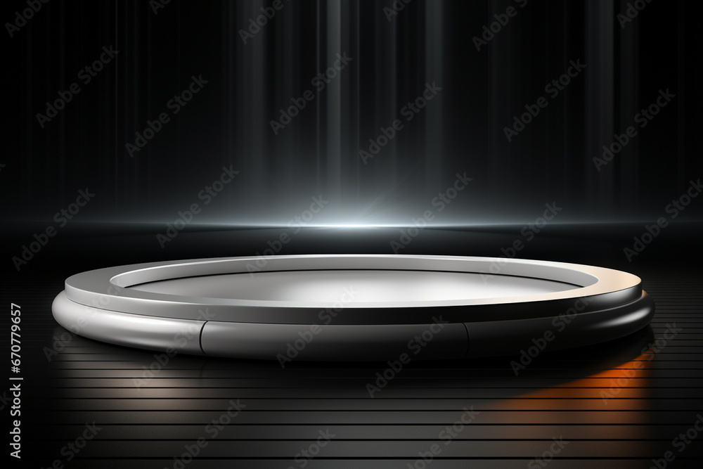 Ai Generative photo white light round podium and black background for mock up realistic image Ai Generative photo white light round podium and black background for mock up realistic image