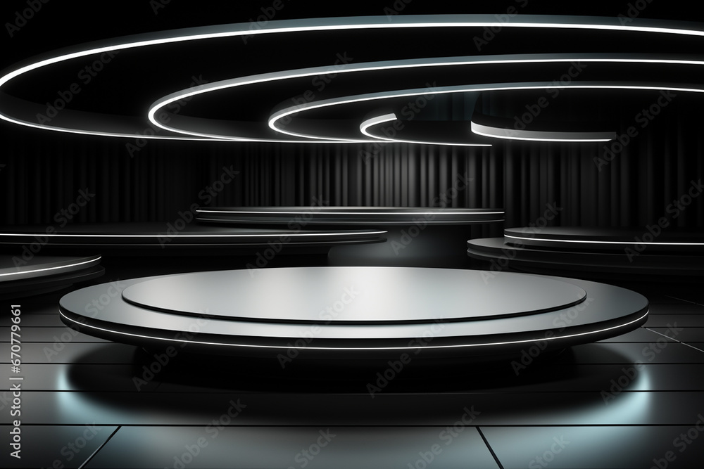 Ai Generative photo white light round podium and black background for mock up realistic image Ai Generative photo white light round podium and black background for mock up realistic image