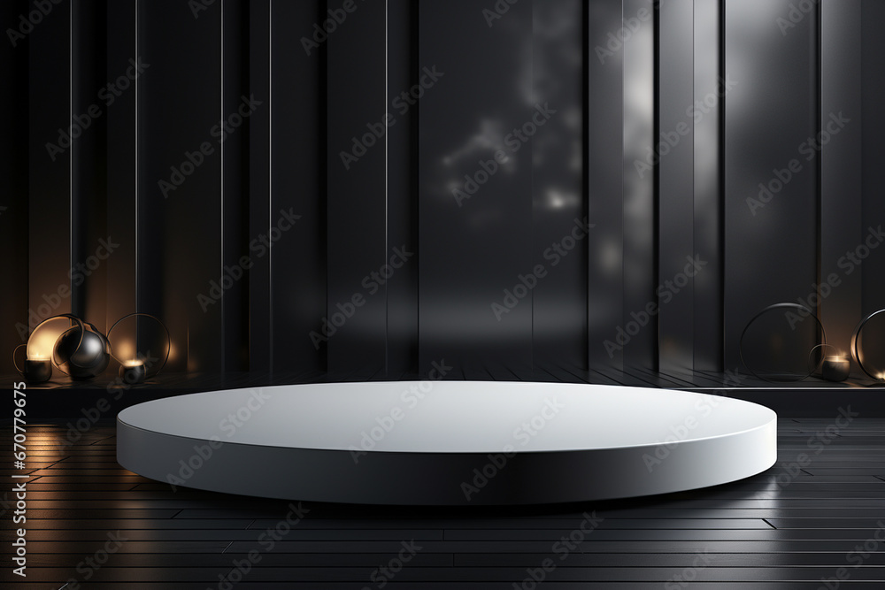 Ai Generative photo white light round podium and black background for mock up realistic image Ai Generative photo white light round podium and black background for mock up realistic image